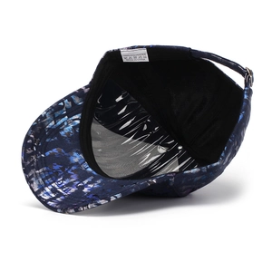 Detail of baseball cap interior showing 100% polyester fabric and inner stitching structure