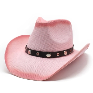 Chapeau De Cow-Boy En Paille À Bord Large Protection Solaire Matériau Papier Bande En Cuir Rivets Extérieur Plage Voyage Pour Hommes Femmes