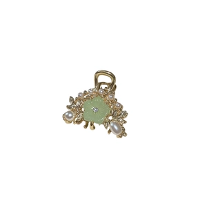 Elegant Chinese style hair claw clip with green flowers and hanging pearl tassels