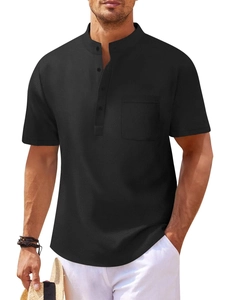 Close-up of black waffle textured polo shirt featuring a mandarin collar and chest pocket