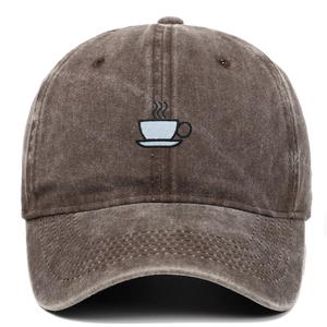 Casquette de baseball marron en coton délavé avec motif brodé de tasse à café
