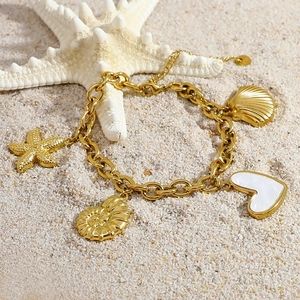 Ocean Shell Starfish Heart Charm Bracelet 18K Gold Plated Stainless Steel Thick Chain Link For Women Summer Beach