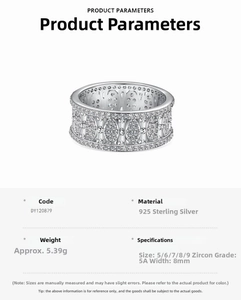 Detail showing 925 sterling silver ring with 8mm width and 5A grade pavé zircon stones
