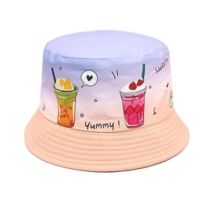 Detail of gradient purple to orange sun hat with cartoon drink prints and stitching