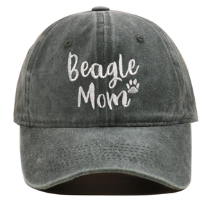 Detail shot of the white Beagle Mom embroidery on a charcoal grey washed cotton baseball cap