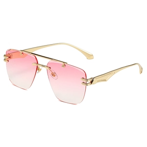 Frameless square sunglasses with gold metal frame and pink gradient lenses for women
