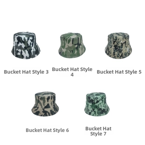 Detail showing five different outdoor camouflage bucket hats with digital patterns