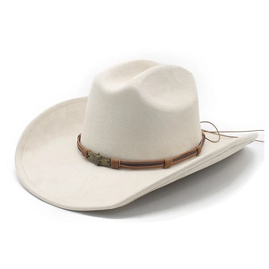 Cream western cowboy hat in faux suede with woven leather band and metal skull detail