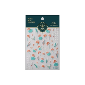3D embossed lotus flower nail stickers with Chinese calligraphy and green leaves