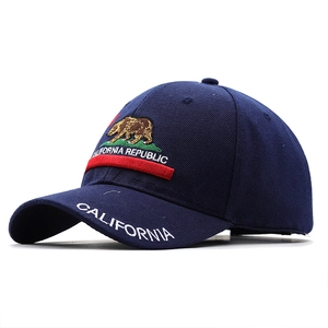 Navy blue California Republic baseball cap with brown bear embroidery and white brim text