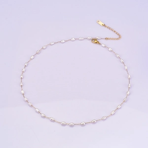 Baroque rice pearl necklace with 18K gold plated stainless steel chain and lobster clasp