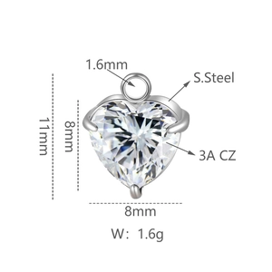 Detailed size specifications for a heart-shaped stainless steel zircon birthstone pendant