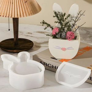 Silicone rabbit flower basket mold with finished resin storage box and floral decor