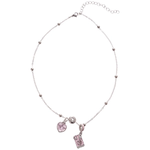 Silver beaded chain necklace featuring pink heart crystal and angelic enamel pendants