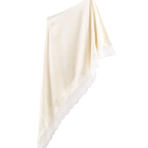 Elegant cream satin top with asymmetric lace trim details and subtle silk-like sheen finish