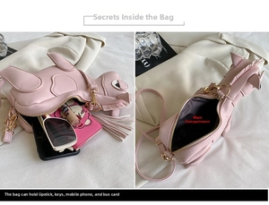 Pink pony shaped crossbody bag showing internal storage for phone, lipstick and sunglasses