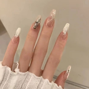 Long Coffin Press On Nails 3D Rose Flower Silver Glitter Luxury French Elegant Fake Nails For Women