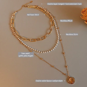 Three-layer gold titanium steel necklace set with pearls and queen pendant coin
