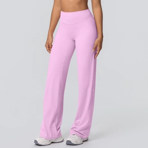 Detail view of high waisted wide leg yoga trousers in soft pink brushed fabric