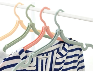 Detail of portable folding clothes hangers in multiple colors with non-slip side hooks