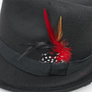 Close-up of black felt fedora hat with colorful feather accent and ribbed ribbon band