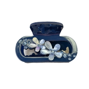 Elegant navy blue acetic acid flower hair claw clip with rhinestones for women