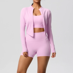 Ensemble de yoga 3 pièces pour femme lavande avec veste, brassière et short taille haute