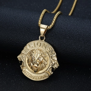 Hiphop gold plated lion head pendant necklace for men with box chain and relief engraving