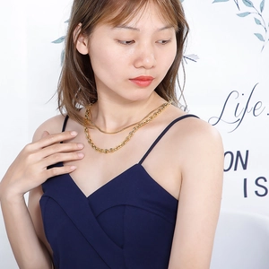 Close-up of double-layered titanium steel cuban chain necklace worn by a model
