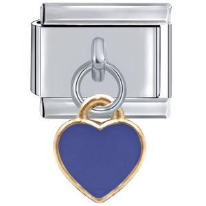 Detail of silver modular link with a gold-bordered blue enamel heart charm