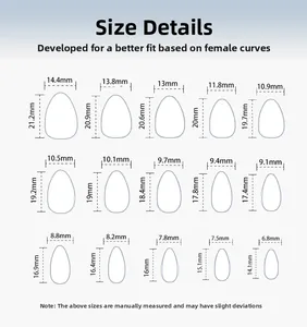 Detailed size chart for press-on nails showing 15 different width and length dimensions