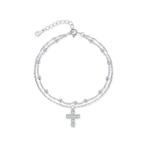 S925 sterling silver double-layer bracelet featuring sparkling cross pendant and beads