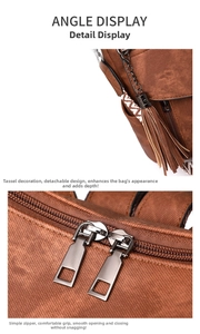 Detail of brown PU leather backpack with metallic tassel and woven side strap feature