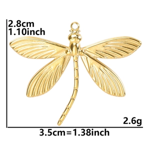 Polished 18k gold plated dragonfly pendant with detailed wing textures and size labels