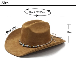 Detail of brown faux suede cowboy hat with ethnic style beaded band and braided rope