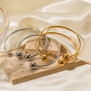 Minimalist 18k gold plated stainless steel open ball cuff bracelet in gold and silver