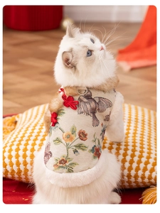 Detail of traditional pet vest with floral jacquard, red buttons and white faux fur trim