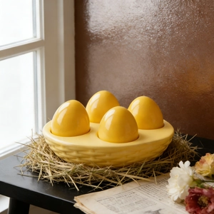 Rustic 4-slot woven basket design resin egg storage box mold with ceramic yellow eggs