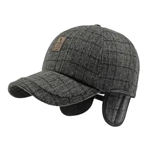 Berretto da baseball in lana da uomo con paraorecchie grigio scuro a quadri invernali