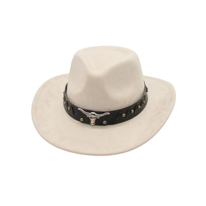 Minimalist Western cowboy hat in beige suede with leather band and bull head emblem