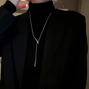 Minimalist Silver Alloy Long Y Necklace With Waterdrop Pendants Snake Bone Chain Geometric Aesthetic Jewelry For Women