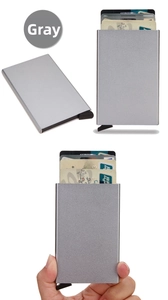 Detailed view of gray RFID aluminum card holder with automatic pop-up mechanism