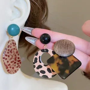 Retro geometric leopard print and acetate resin earrings with silver needle posts
