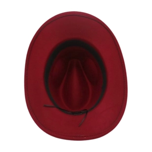 Deep red wool fedora interior view showing black sweatband and adjustable drawstring