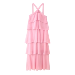 Elegant pink halter dress with 3D floral accent and tiered chiffon ruffle layers