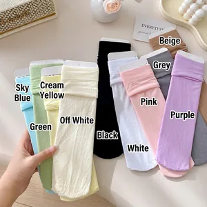 Pastel velvet crew socks in 10 assorted macaroon colors with ribbed cuffs for women