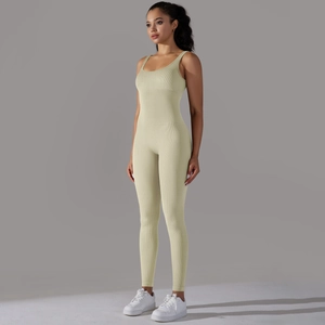 Detailed texture of sage green ribbed knit seamless yoga jumpsuit with square neckline