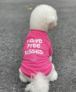 Close-up of pink pet t-shirt featuring I Give Free Kisses print on knit fabric