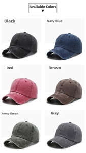 Detailed grid view showing six vintage washed cotton baseball caps in various colors