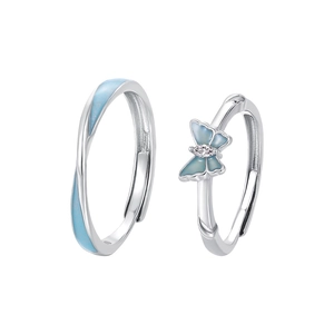Luminous S925 sterling silver butterfly rings for couples with blue enamel glow-in-the-dark detail